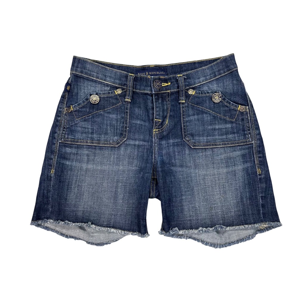 Rock & Republic Stinger Dark Wash Raw Hem Denim Shorts Size 4 Low Rise